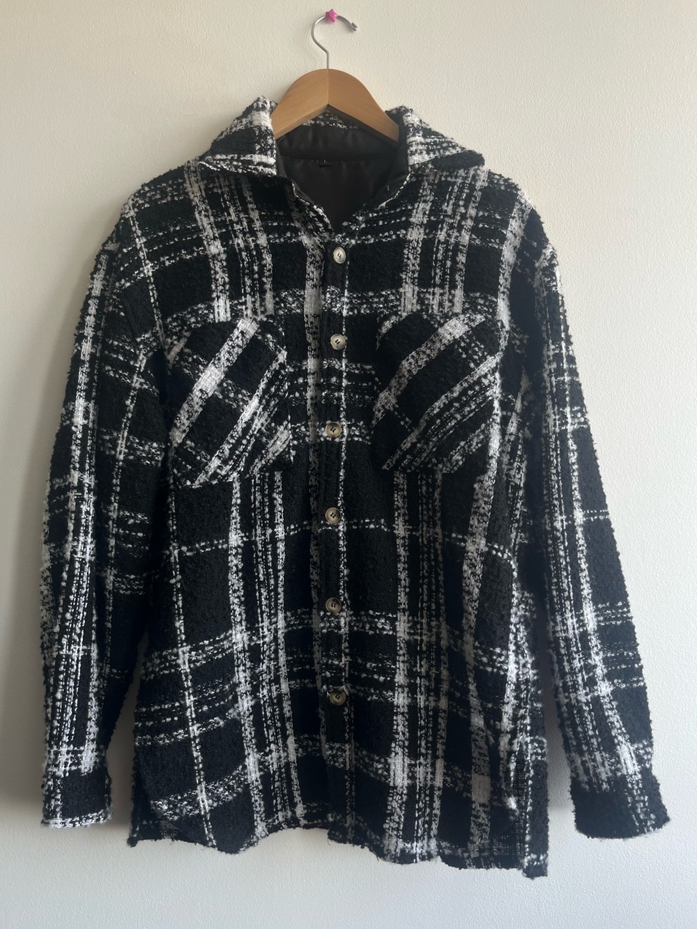 Black and White Plaid Textured Jacket Button Overshirt Relaxed S-M Unisex